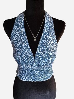 Blue Halter Smocked Waist Crop Top